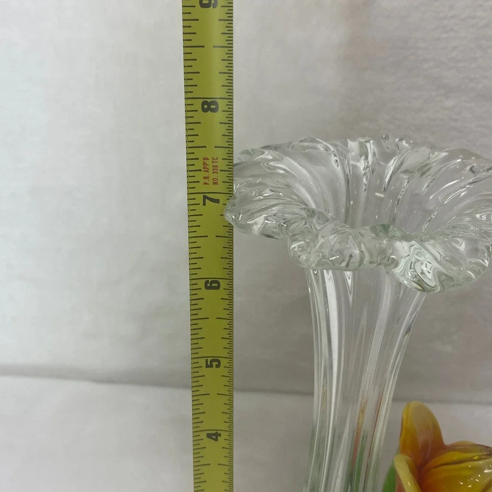 VTG  Hand‎ Blown Clear Art Glass Vase Yellow Orange Flower NOS